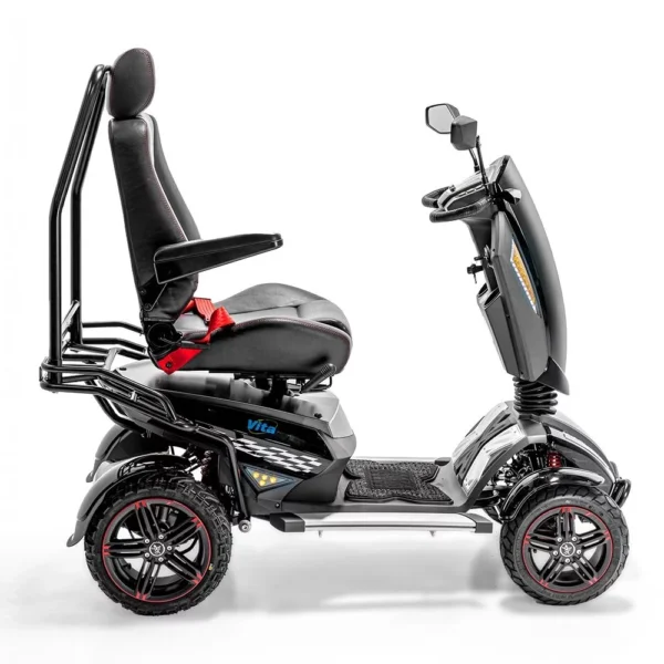 Vita Monster all-terrain mobility scooter in midnight black, featuring 15” rear tires, 900-watt motor, LED lights, and sporty captain's seat for outdoor performance.