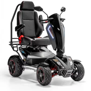 Vita Monster all-terrain mobility scooter in midnight black, featuring 15” rear tires, 900-watt motor, LED lights, and sporty captain's seat for outdoor performance.