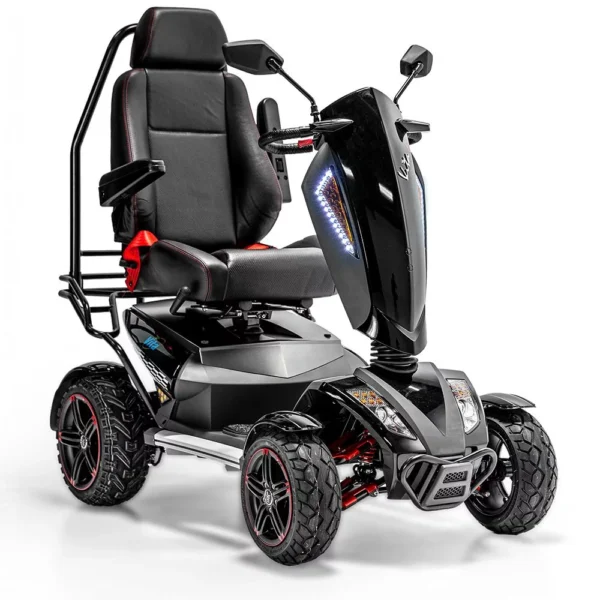 Vita Monster all-terrain mobility scooter in midnight black, featuring 15” rear tires, 900-watt motor, LED lights, and sporty captain's seat for outdoor performance.