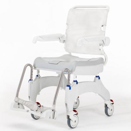 Aquatec Ocean Ergo XL Shower Commode Chair with ergonomic seat, rust-proof frame, and adjustable footrests.