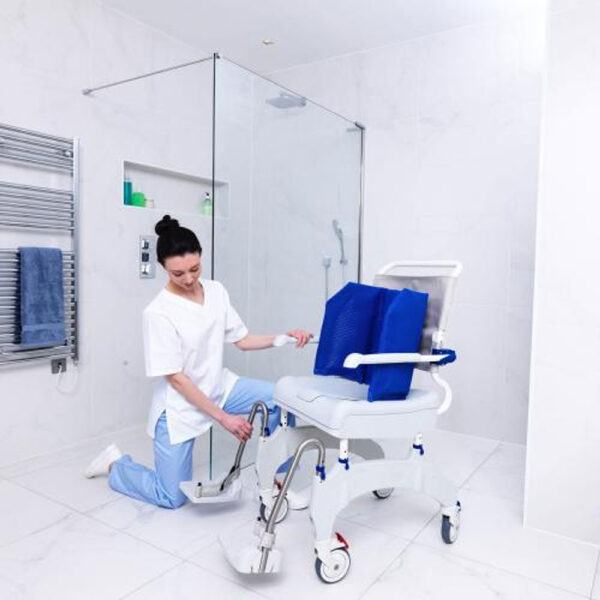 Aquatec Ocean Ergo XL Shower Commode Chair with ergonomic seat, rust-proof frame, and adjustable footrests.