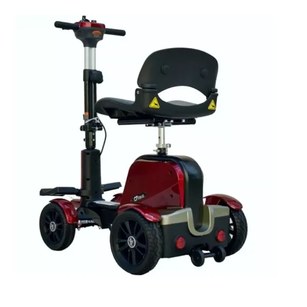 EV Rider CityBug folding mobility scooter in red, featuring a 16-inch seat and solid tires, designed for versatile indoor and outdoor use.