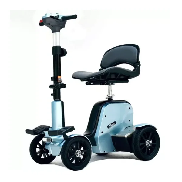 EV Rider CityBug folding mobility scooter in red, featuring a 16-inch seat and solid tires, designed for versatile indoor and outdoor use.