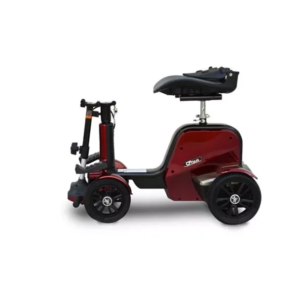 EV Rider CityBug folding mobility scooter in red, featuring a 16-inch seat and solid tires, designed for versatile indoor and outdoor use.