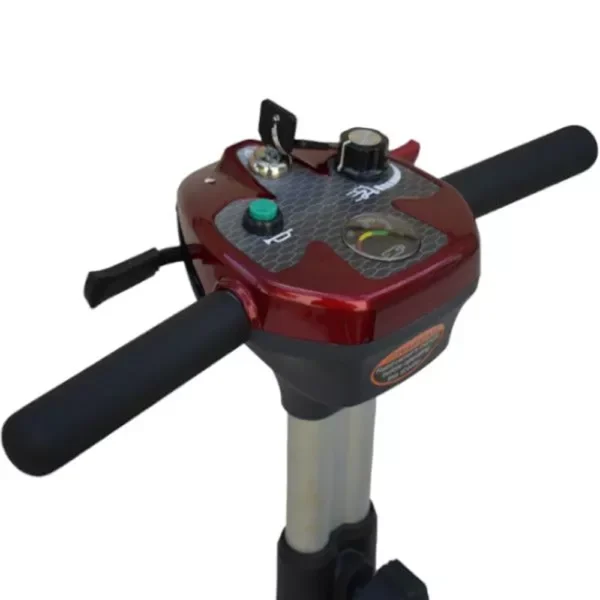 EV Rider CityBug folding mobility scooter in red, featuring a 16-inch seat and solid tires, designed for versatile indoor and outdoor use.