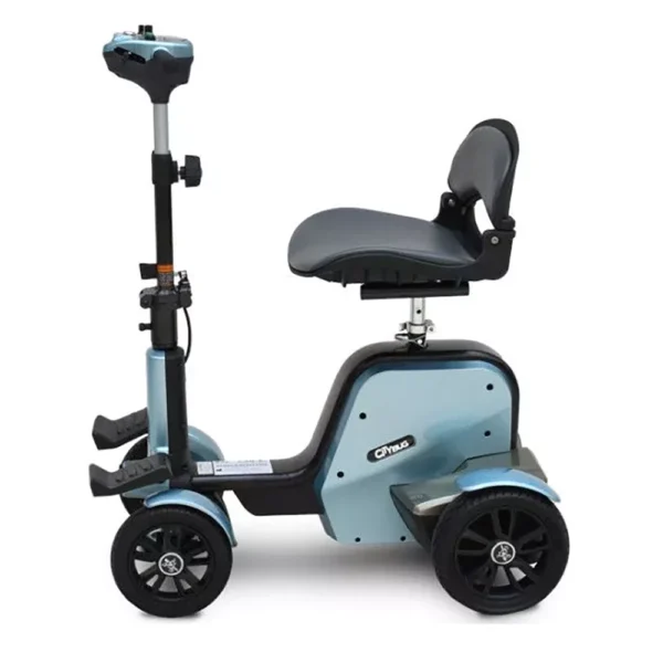 EV Rider CityBug folding mobility scooter in red, featuring a 16-inch seat and solid tires, designed for versatile indoor and outdoor use.