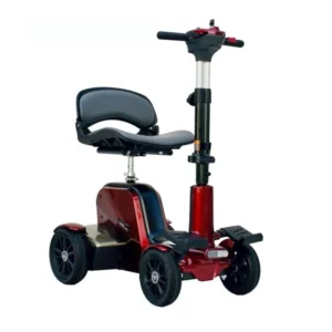 EV Rider CityBug folding mobility scooter in red, featuring a 16-inch seat and solid tires, designed for versatile indoor and outdoor use.