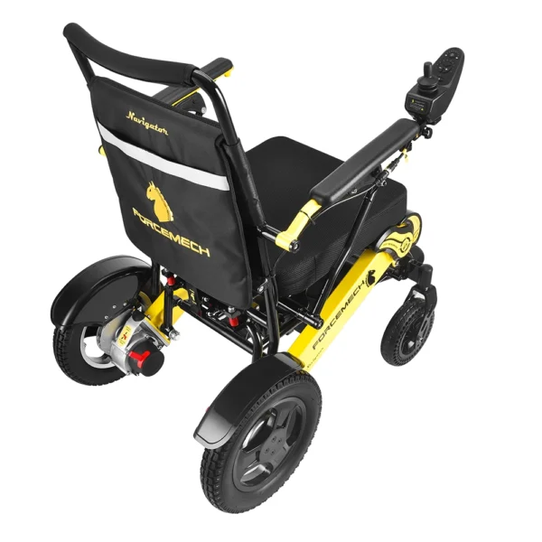 Forcemech Navigator PRO 2025 – A premium foldable power wheelchair with rear anti-tipping wheels, brushless motors, and a sleek, travel-friendly design.