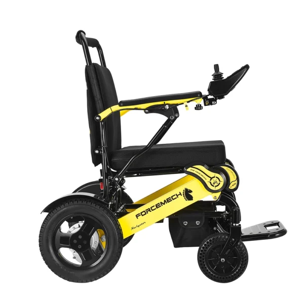 Forcemech Navigator PRO 2025 – A premium foldable power wheelchair with rear anti-tipping wheels, brushless motors, and a sleek, travel-friendly design.