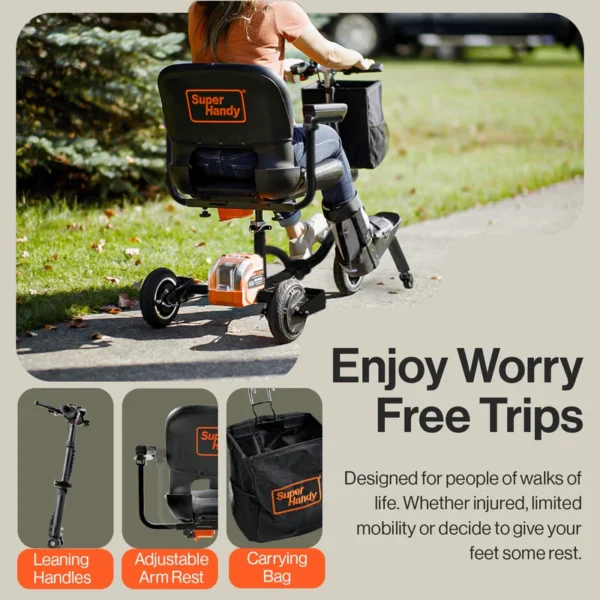 Passport Plus Mobility Scooter in black and orange, featuring dual batteries, solid rubber tires, and a sturdy aluminum frame.