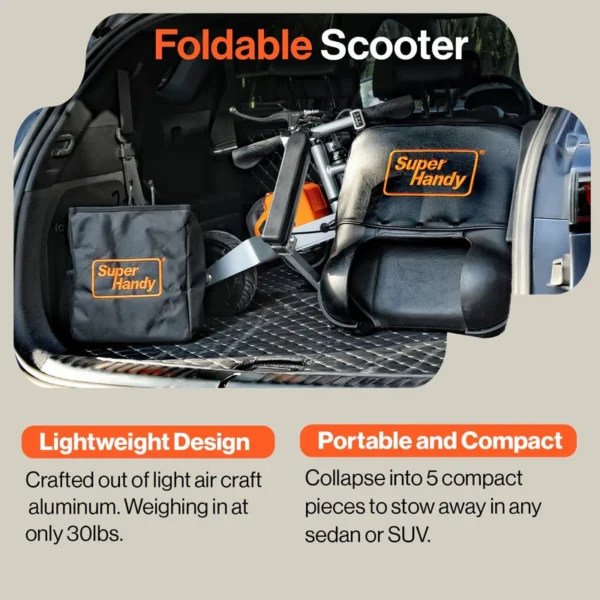 Passport Plus Mobility Scooter in black and orange, featuring dual batteries, solid rubber tires, and a sturdy aluminum frame.