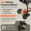 Passport Plus Mobility Scooter in black and orange, featuring dual batteries, solid rubber tires, and a sturdy aluminum frame.