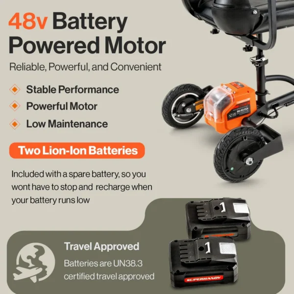 Passport Plus Mobility Scooter in black and orange, featuring dual batteries, solid rubber tires, and a sturdy aluminum frame.