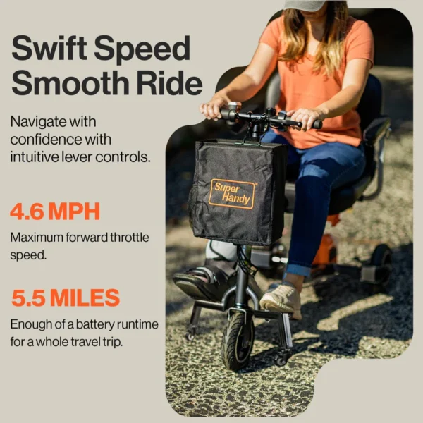 Passport Plus Mobility Scooter in black and orange, featuring dual batteries, solid rubber tires, and a sturdy aluminum frame.