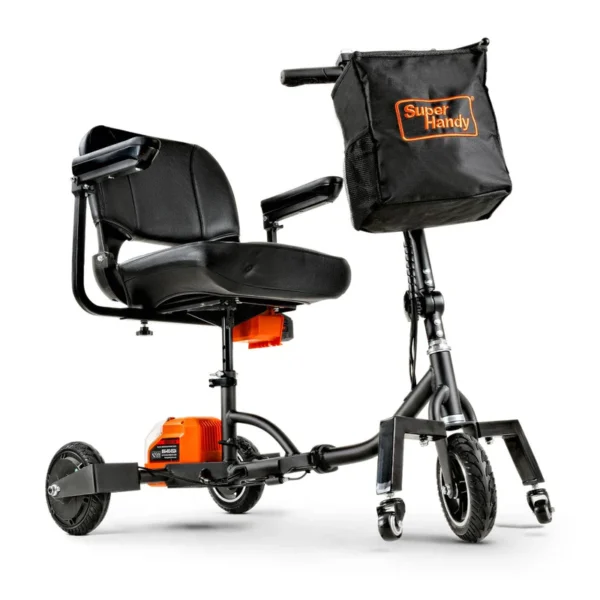 Passport Plus Mobility Scooter in black and orange, featuring dual batteries, solid rubber tires, and a sturdy aluminum frame.