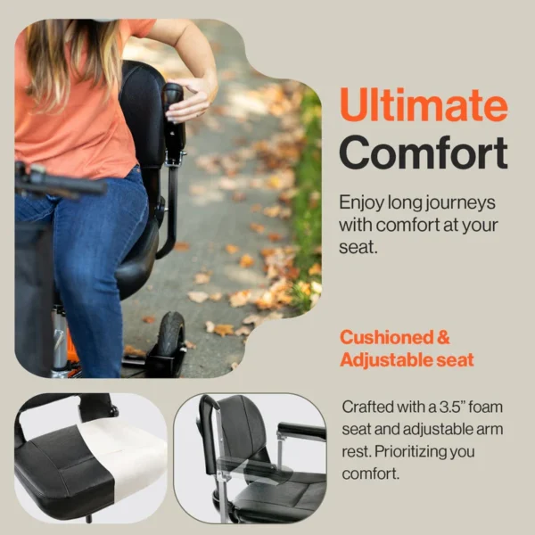 Passport Plus Mobility Scooter in black and orange, featuring dual batteries, solid rubber tires, and a sturdy aluminum frame.