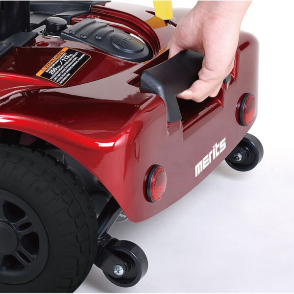 ROADSTER 3 S731A mobility scooter in red, adjustable tiller, solid tires, and large storage basket.