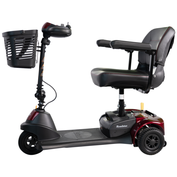 ROADSTER 3 S731A mobility scooter in red, adjustable tiller, solid tires, and large storage basket.