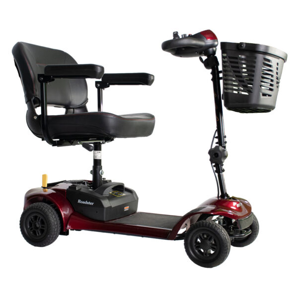 ROADSTER 4 S741A mobility scooter in red, adjustable tiller, solid tires, and large storage basket.