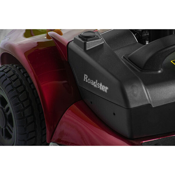ROADSTER 4 S741A mobility scooter in red, adjustable tiller, solid tires, and large storage basket.