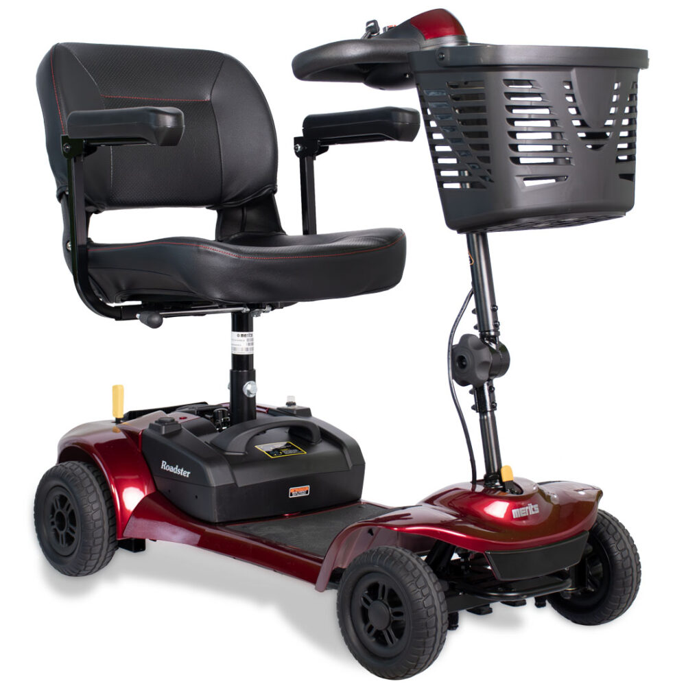 ROADSTER 4 S741A mobility scooter in red, adjustable tiller, solid tires, and large storage basket.