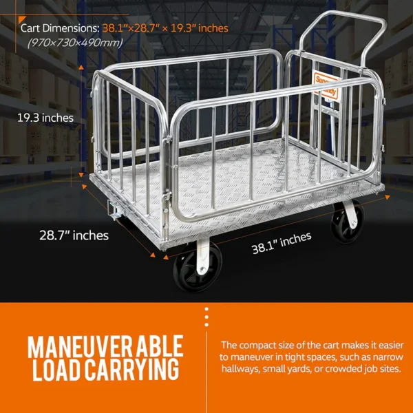 A heavy-duty SuperHandy Utility Cart with an aluminum frame, 8-inch caster wheels, and a 41-inch platform bed designed for industrial and construction material transport.
