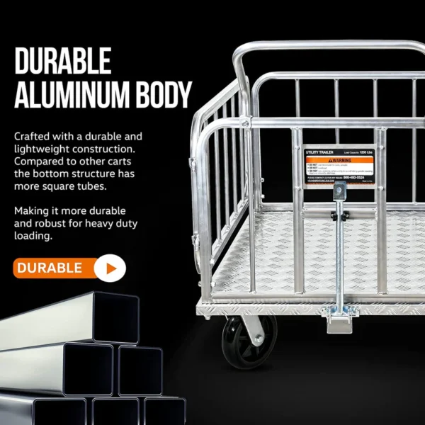 A heavy-duty SuperHandy Utility Cart with an aluminum frame, 8-inch caster wheels, and a 41-inch platform bed designed for industrial and construction material transport.