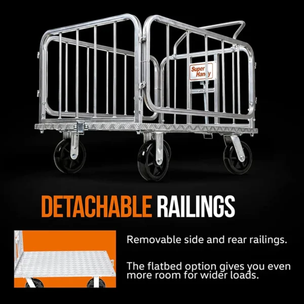 A heavy-duty SuperHandy Utility Cart with an aluminum frame, 8-inch caster wheels, and a 41-inch platform bed designed for industrial and construction material transport.