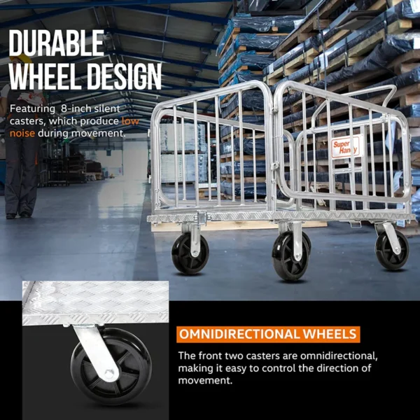 A heavy-duty SuperHandy Utility Cart with an aluminum frame, 8-inch caster wheels, and a 41-inch platform bed designed for industrial and construction material transport.