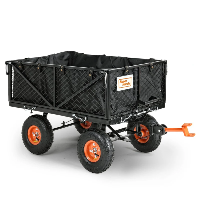 A durable SuperHandy Towable Garden Cart with a steel frame, 10-inch pneumatic tires, and a quick dump system for effortless material transport and disposal.