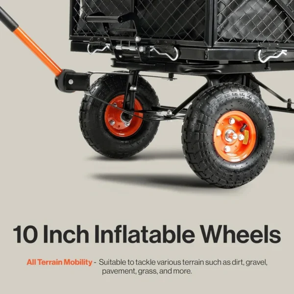 A durable SuperHandy Towable Garden Cart with a steel frame, 10-inch pneumatic tires, and a quick dump system for effortless material transport and disposal.