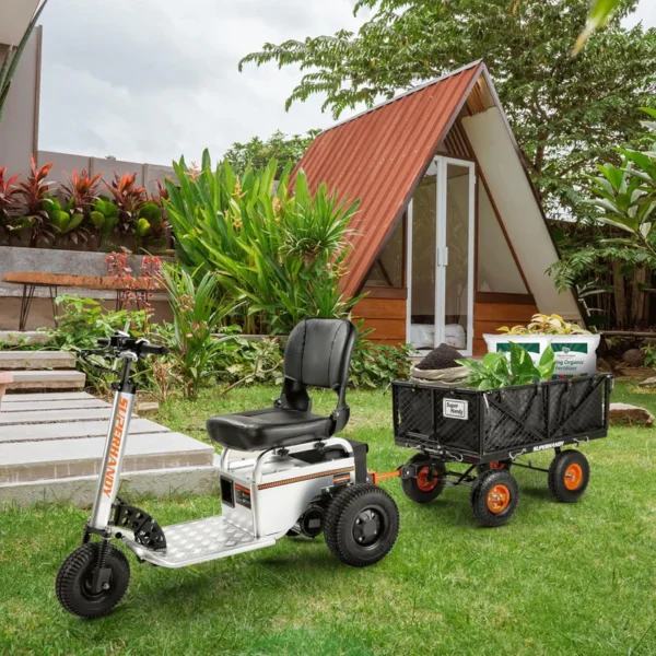 A durable SuperHandy Towable Garden Cart with a steel frame, 10-inch pneumatic tires, and a quick dump system for effortless material transport and disposal.