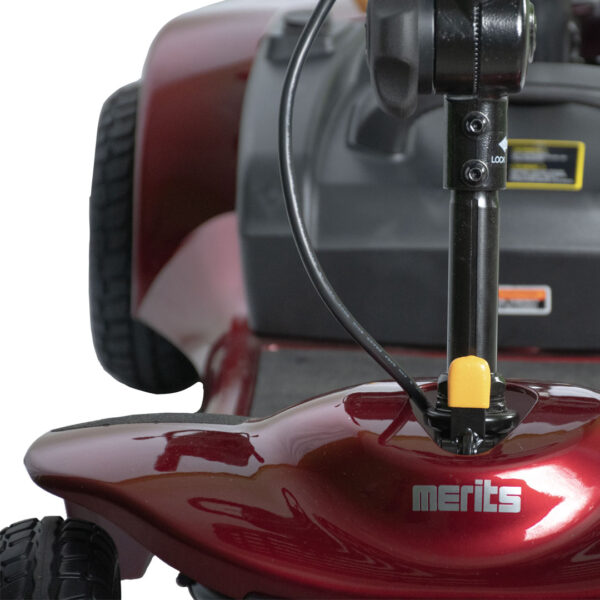 ROADSTER 4 S741A mobility scooter in red, adjustable tiller, solid tires, and large storage basket.