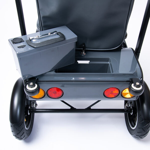 eFOLDi Explorer scooter, lightweight foldable design, padded seat, large wheels, perfect for travel and urban mobility.