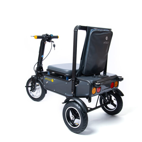 eFOLDi Explorer scooter, lightweight foldable design, padded seat, large wheels, perfect for travel and urban mobility.