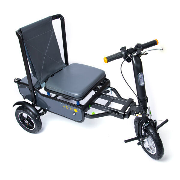 eFOLDi Explorer scooter, lightweight foldable design, padded seat, large wheels, perfect for travel and urban mobility.