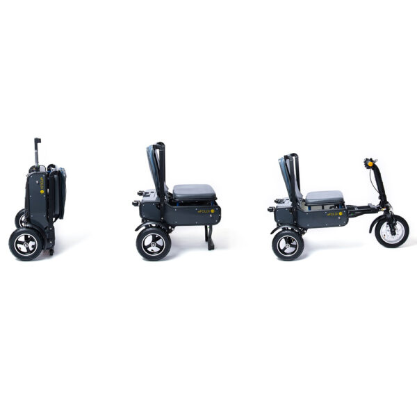 eFOLDi Explorer scooter, lightweight foldable design, padded seat, large wheels, perfect for travel and urban mobility.