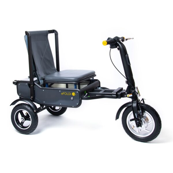 eFOLDi Explorer scooter, lightweight foldable design, padded seat, large wheels, perfect for travel and urban mobility.
