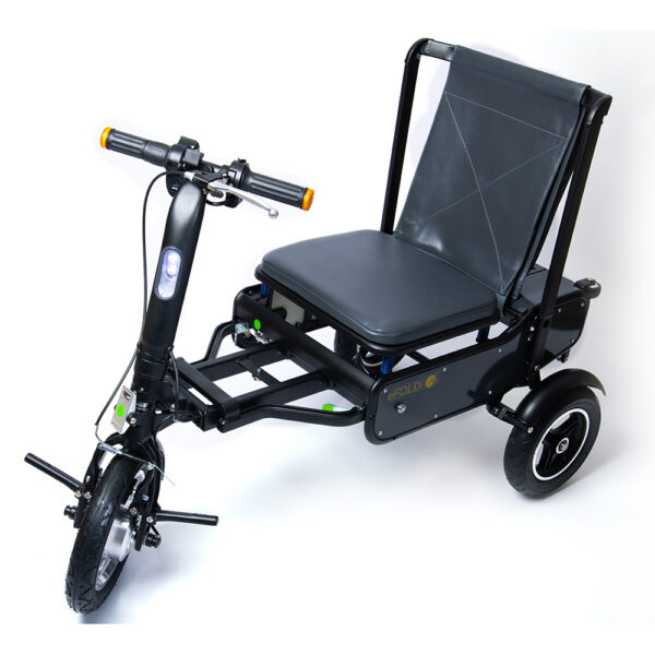 eFOLDi Explorer scooter, lightweight foldable design, padded seat, large wheels, perfect for travel and urban mobility.