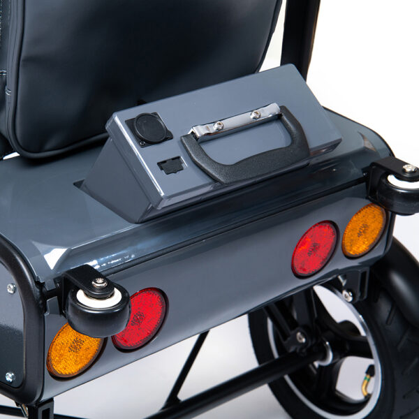 eFOLDi Explorer scooter, lightweight foldable design, padded seat, large wheels, perfect for travel and urban mobility.
