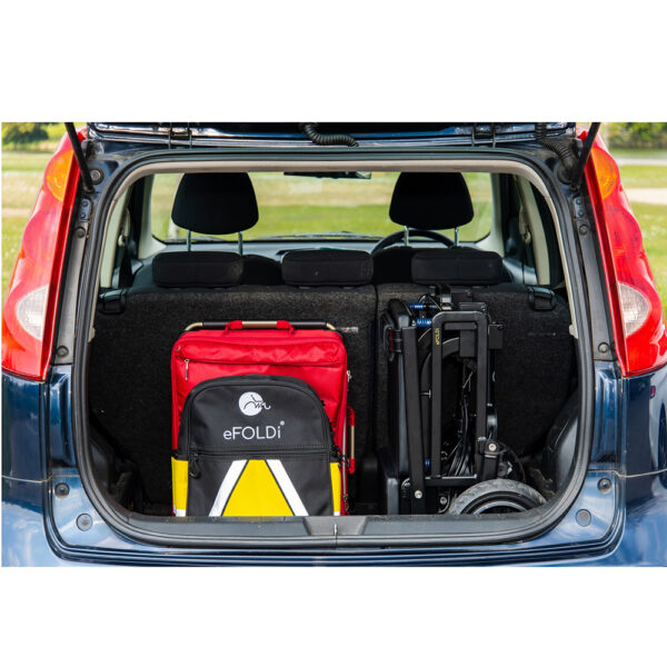 eFOLDi Lite ultra-lightweight folding mobility scooter with a magnesium alloy frame, designed for easy transport and travel.