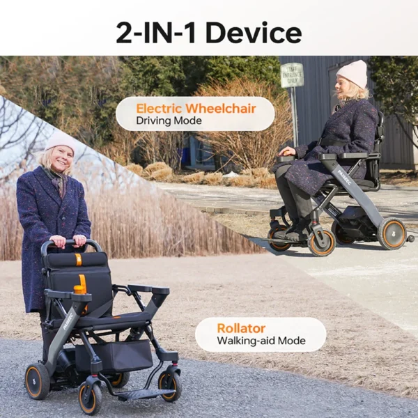 Paiseec 2-in-1 Electric Wheelchair W1 in gray, showcasing its lightweight, foldable design with a detachable battery and removable storage basket.
