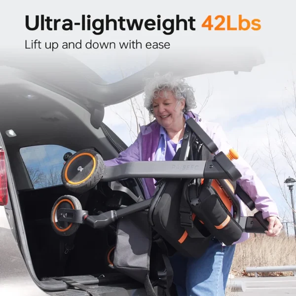 Paiseec 2-in-1 Electric Wheelchair W1 in gray, showcasing its lightweight, foldable design with a detachable battery and removable storage basket.