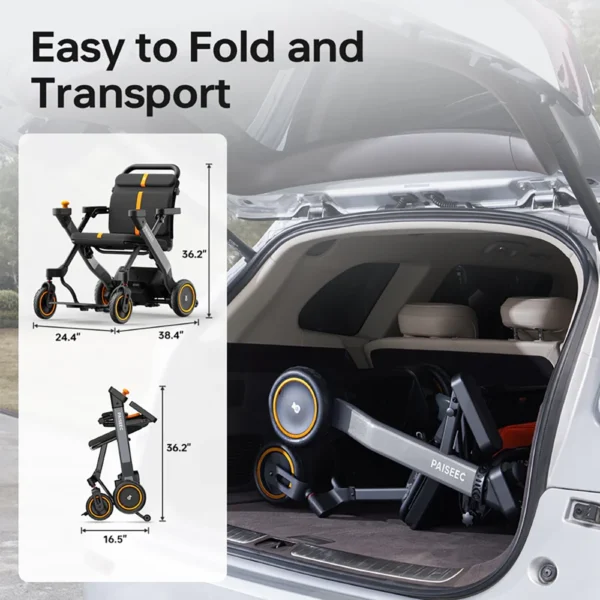 Paiseec 2-in-1 Electric Wheelchair W1 in gray, showcasing its lightweight, foldable design with a detachable battery and removable storage basket.