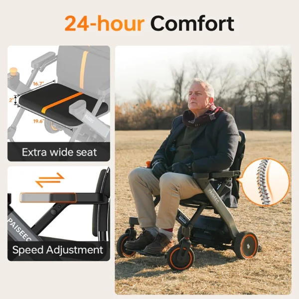 Paiseec 2-in-1 Electric Wheelchair W1 in gray, showcasing its lightweight, foldable design with a detachable battery and removable storage basket.