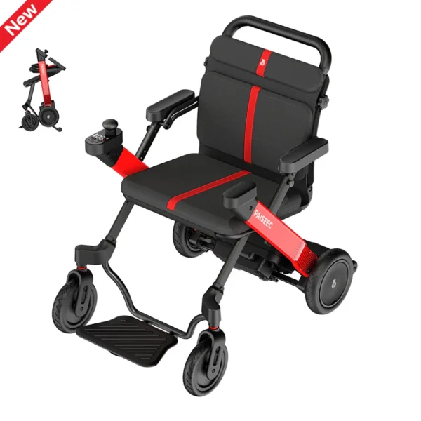 Paiseec 2-in-1 Electric Wheelchair W1 in gray, showcasing its lightweight, foldable design with a detachable battery and removable storage basket.