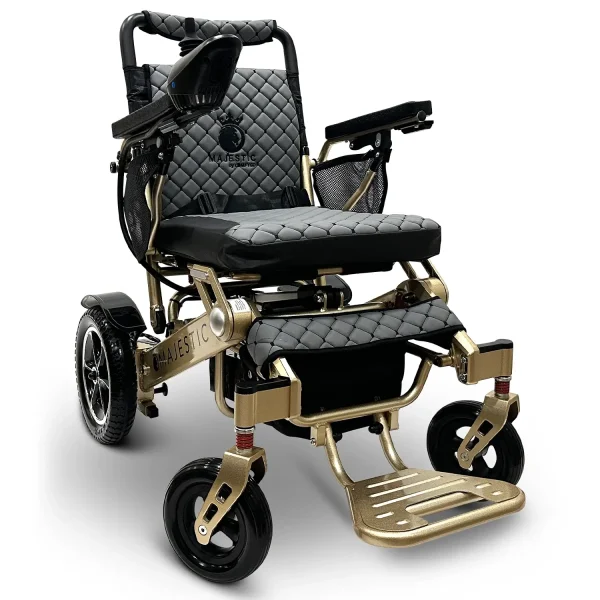 Majestic IQ‑7000 electric wheelchair with remote control, padded seat, folding frame, and large rear wheels—ideal for travel and everyday use.
