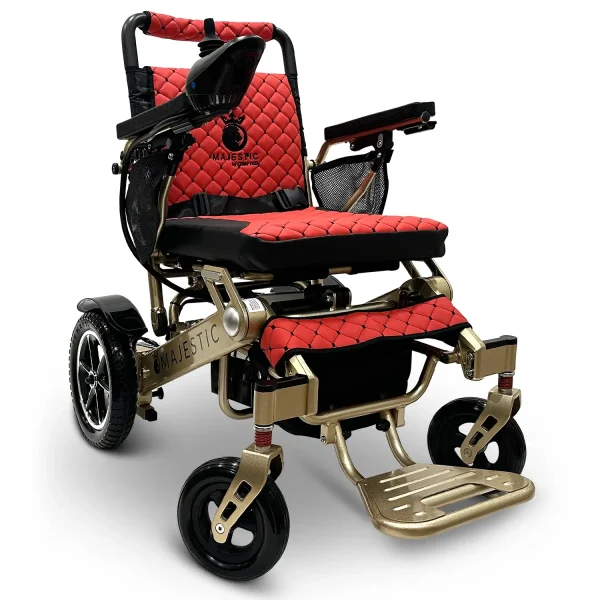 Majestic IQ‑7000 electric wheelchair with remote control, padded seat, folding frame, and large rear wheels—ideal for travel and everyday use.