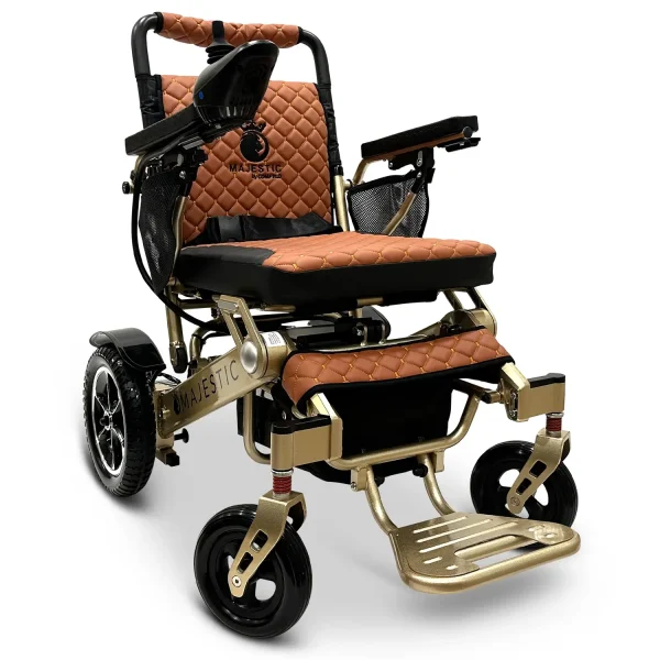 Majestic IQ‑7000 electric wheelchair with remote control, padded seat, folding frame, and large rear wheels—ideal for travel and everyday use.