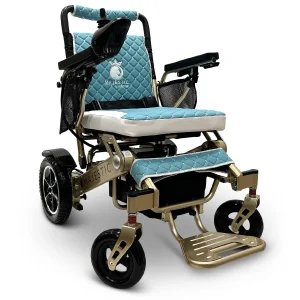 Majestic IQ‑7000 electric wheelchair with remote control, padded seat, folding frame, and large rear wheels—ideal for travel and everyday use.